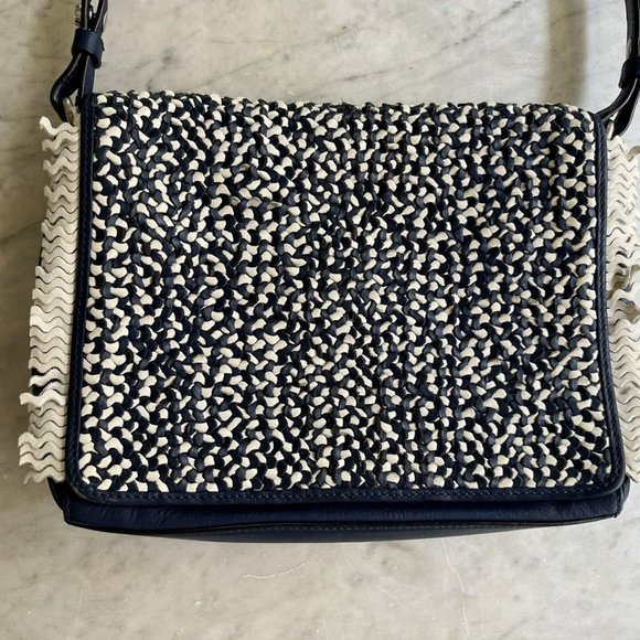 Cole Haan Ziva Woven Blue White Fringe Shoulder Bag Purse - Picture 3 of 10